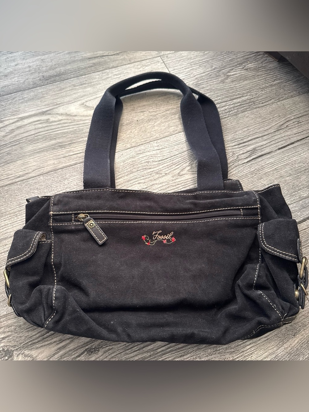 Fossil Black Canvas Shoulder Bag with Red Embroidered Logo